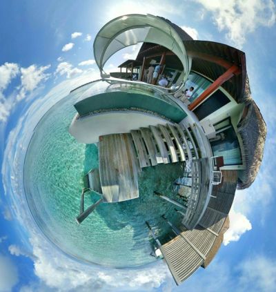 A 360-degree photo of a training session—the foot bath ritual offered arriving guests at Niyama after a long flight 